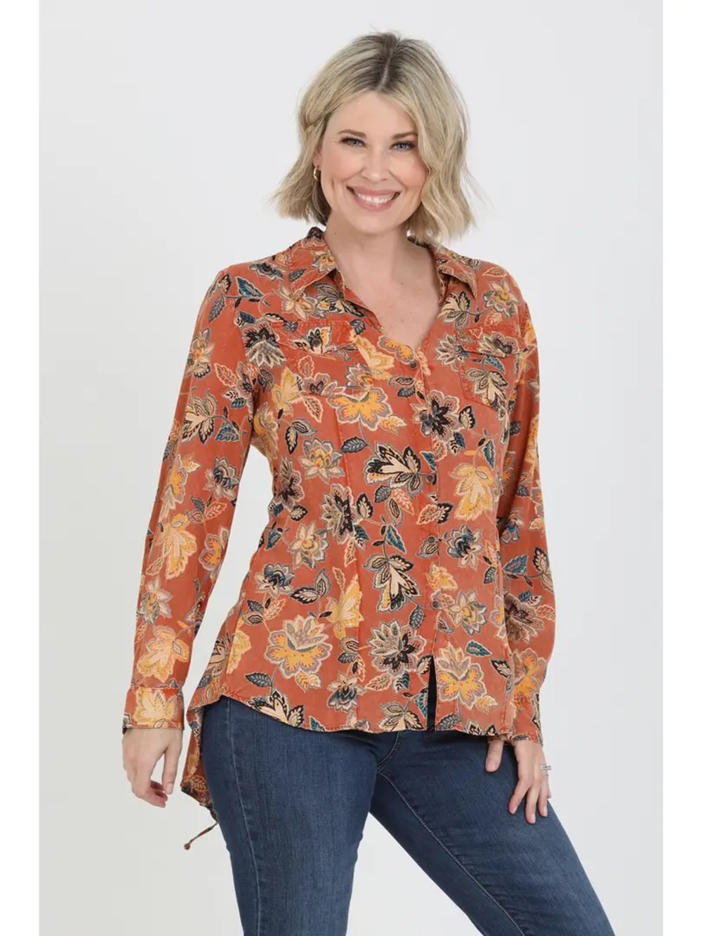 Woven Floral Button-Front Blouse - Rust